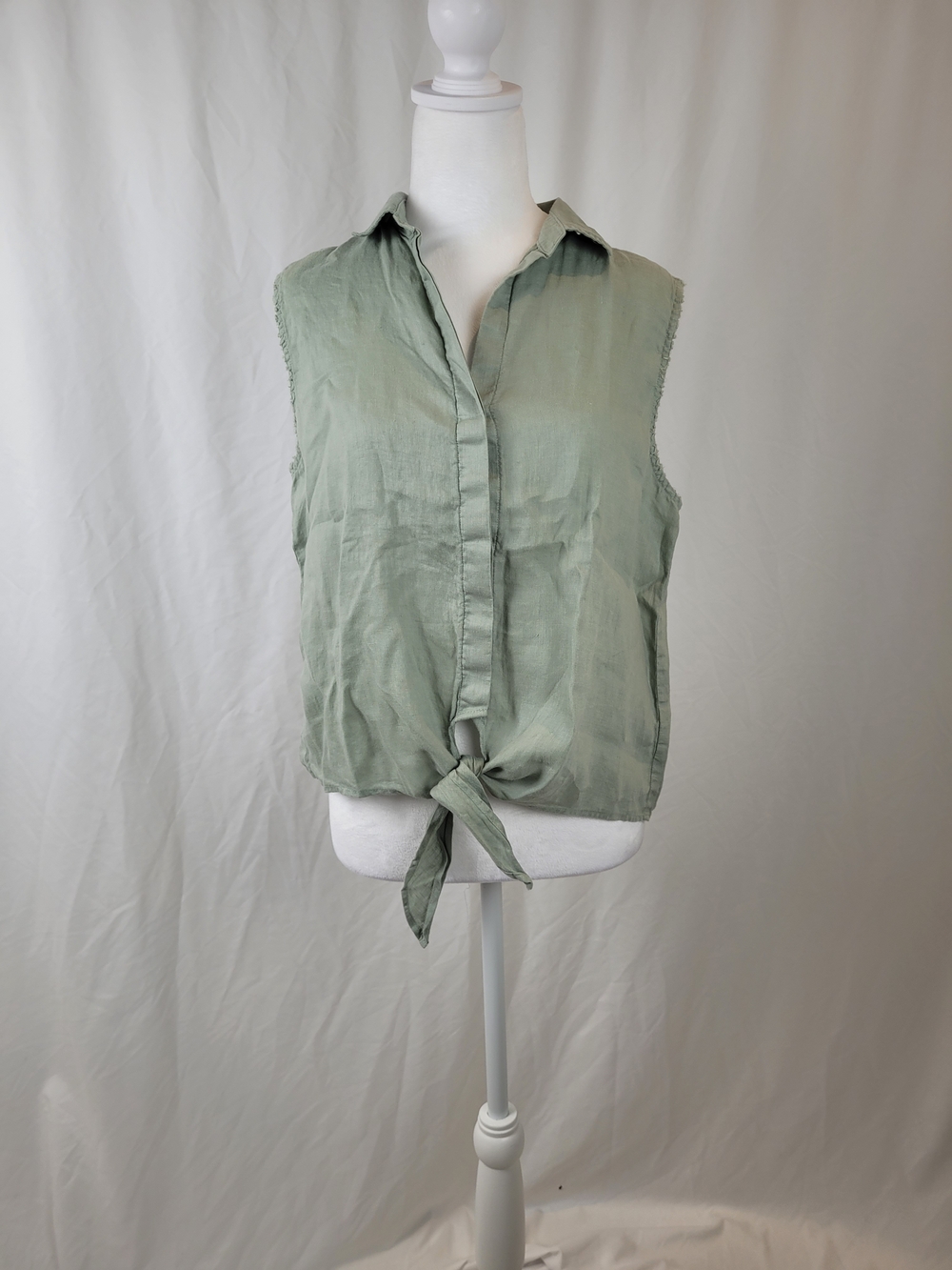 Anthropologie Sage Green Sleeveless Button-Down Tie Front Top in Linen